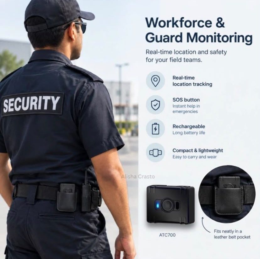Security guard wearing the ATC700 personal GPS tracker in a leather belt pocket